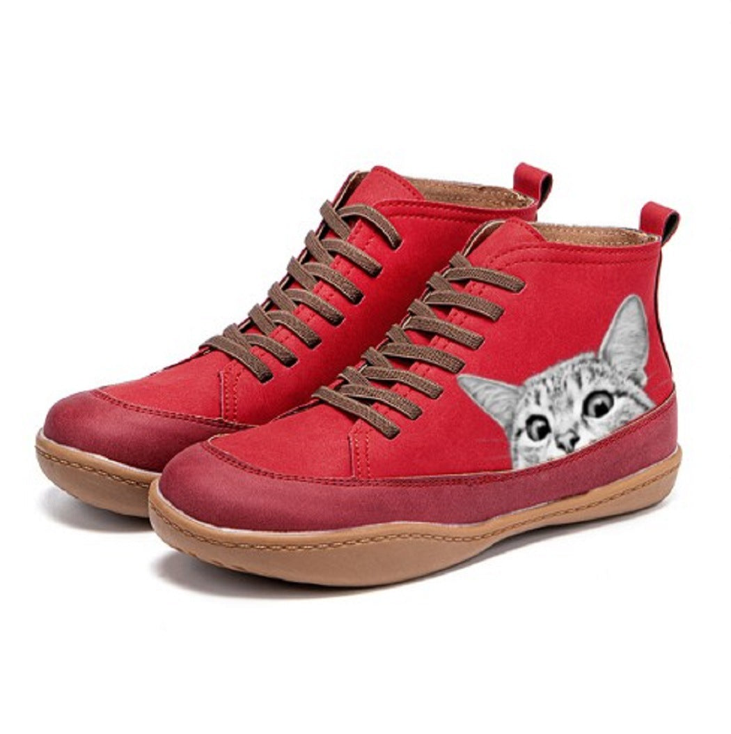 Damen High-Top Sneaker mit geprägtem Katzenmotiv weiches Kunstleder und gepolstertes Komfortfußbett Drune