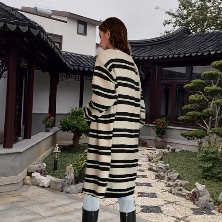 Damen lässiger Strickcardigan mit modernem Streifenmuster und offenem Schnitt Drune