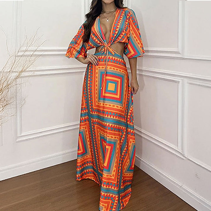 Damen Maxi-Kleid mit tiefem V-Ausschnitt und Wellenmuster Drune