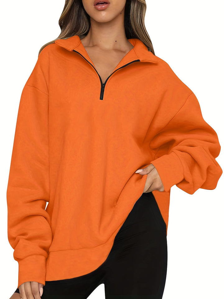 Damen nan Oversized Sweatshirt mit Kurzreißverschluss, Stehkragen und Kängurutasche Drune