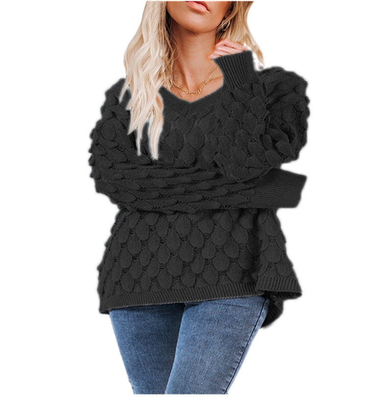 Damen Gemusterter V-Pullover mit voluminösen Ärmeln Drune