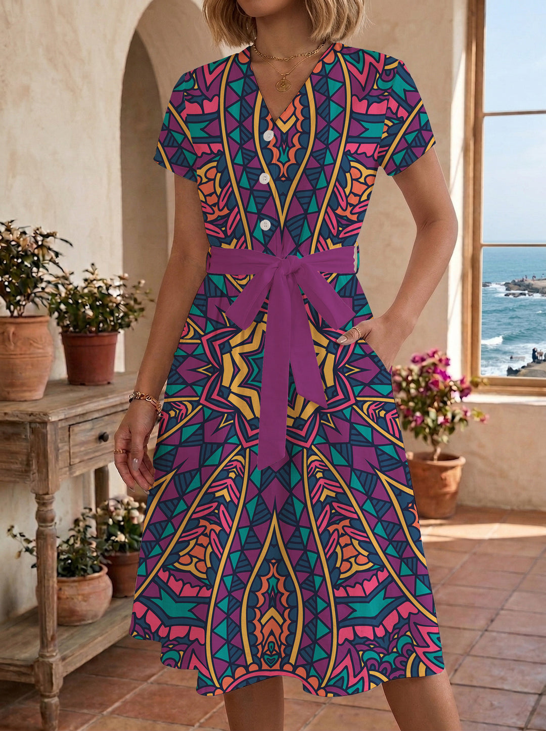 Damen Midi-Kleid mit floralem Design und bequemer Passform Drune