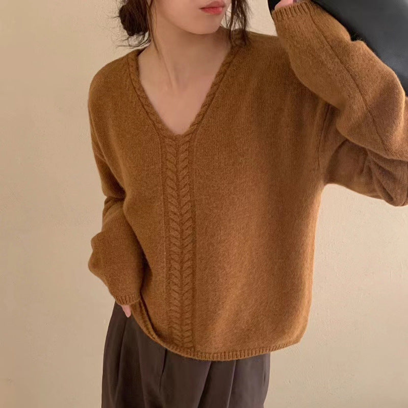 Damen Eleganter V-Ausschnitt Pullover mit feinem Zopfmuster Drune