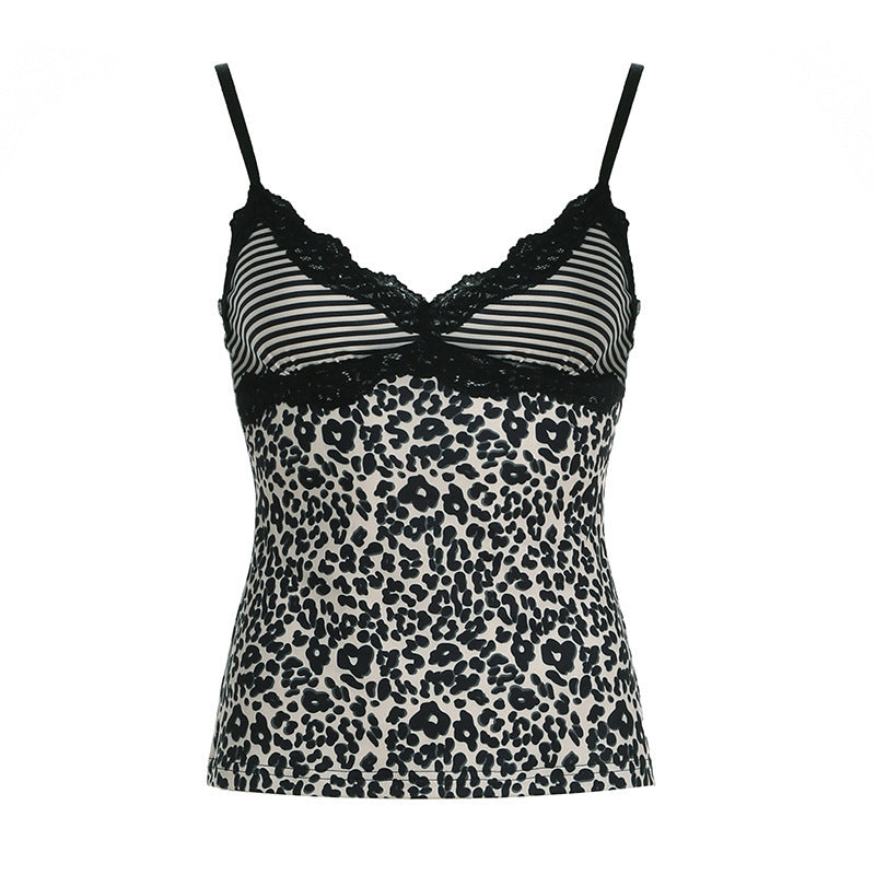 Damen Spaghetti-Trägertop mit elegantem Spitzenbesatz und modernem Leopardenmuster Drune