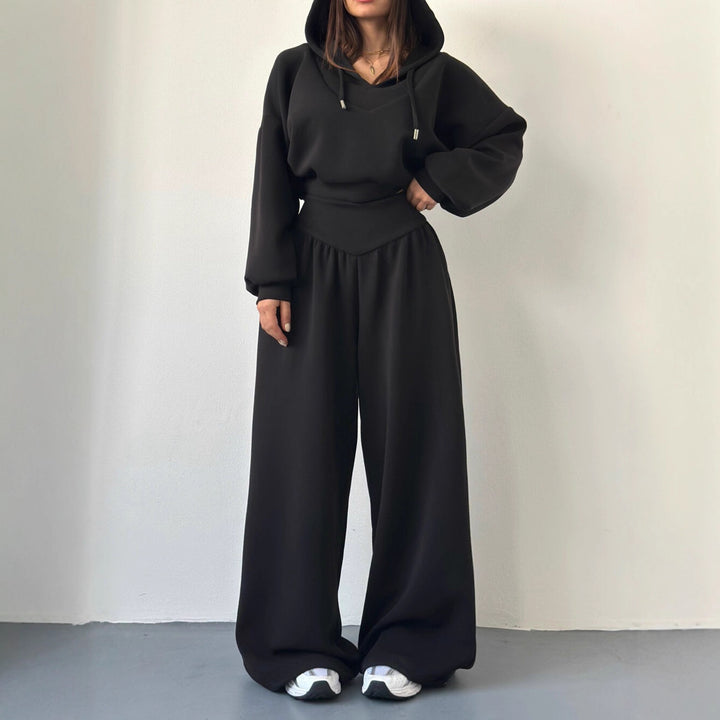 Damen nan luxuriöses Freizeitset Kapuzenpullover mit V-Ausschnittdetail und Culotte mit hoher Taille Drune