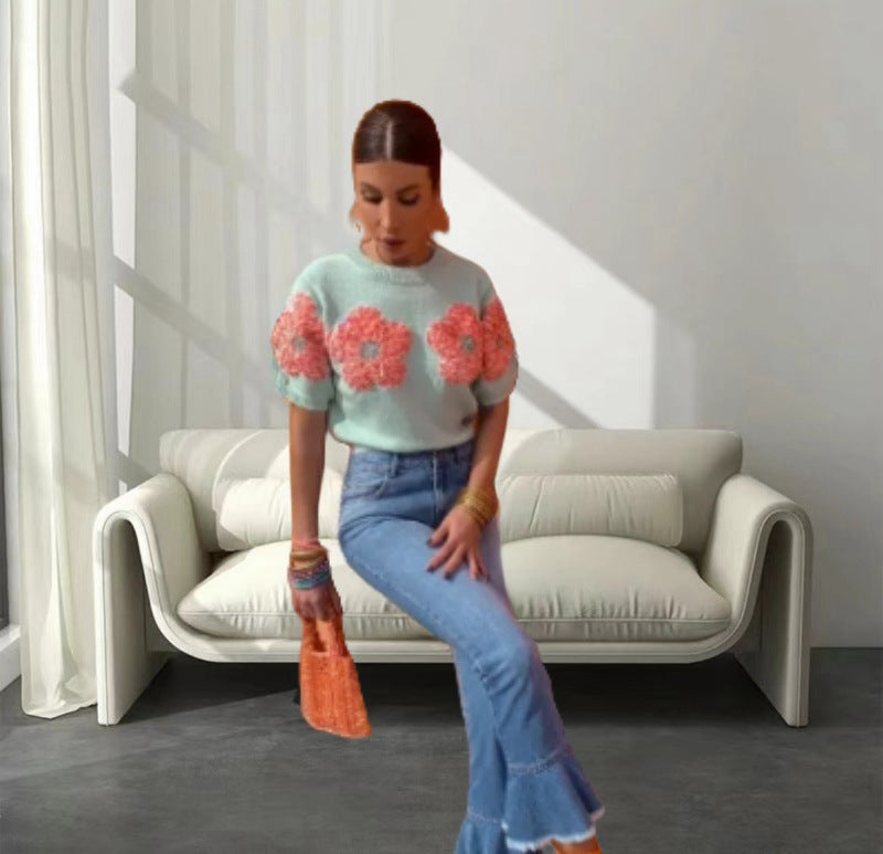 Damen Modischer Strickpullover mit floralen Applikationen Drune