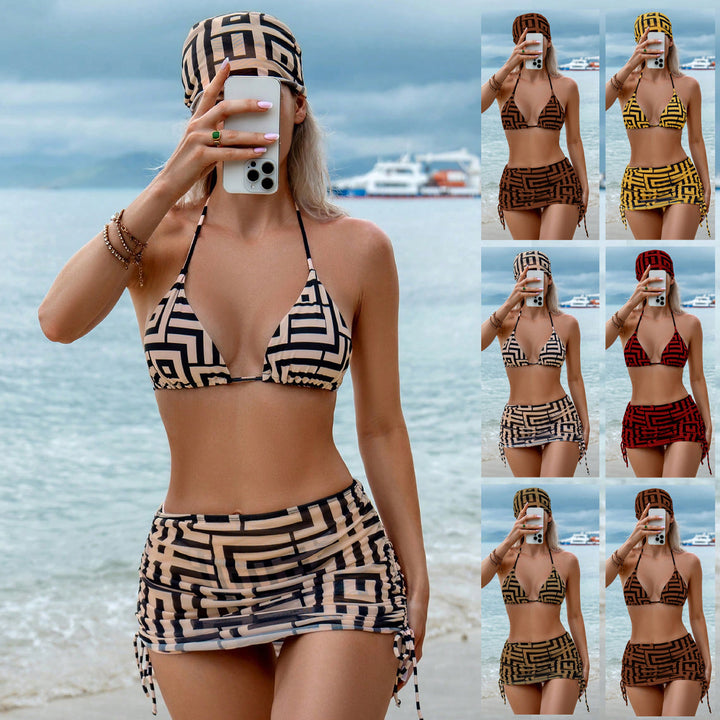 Damen Triangel-Bikini mit Wickelrock und grafischem Muster Drune
