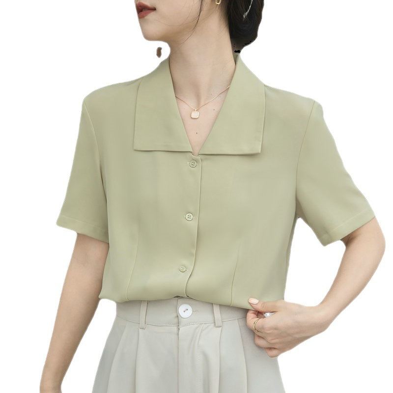 Damen Kurzarmbluse mit modernem Kragen und elegantem Knopfdesign Drune