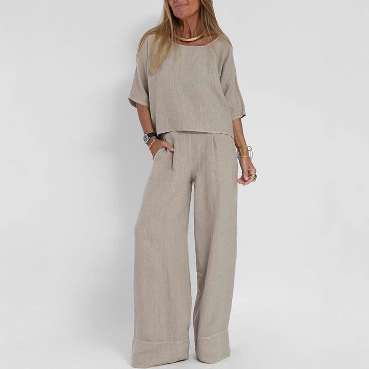Damen luftiges Leinen-Ensemble mit weitem Schnitt und praktischen Taschen Drune