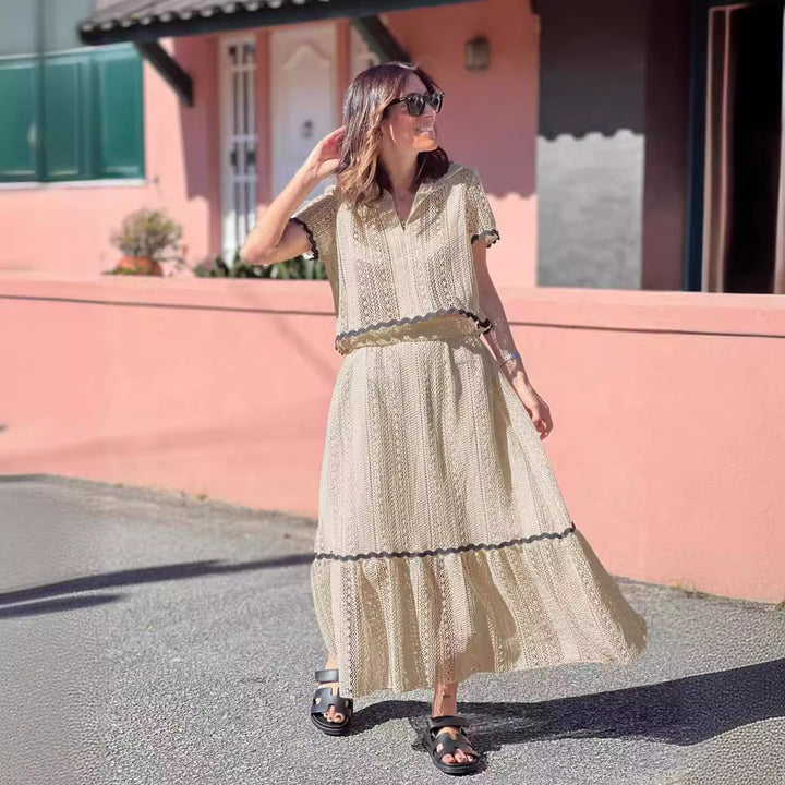 Damen Maxikleid mit voluminösem Rock und eleganter Rüsche Drune