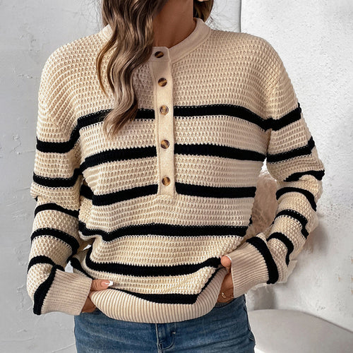 Damen gestreifter Pullover mit Knopfleiste aus strukturierter Wolle Drune