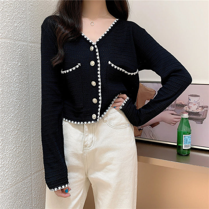 Damen modische Strickjacke mit kontrastierenden Details und Knopfleiste Drune