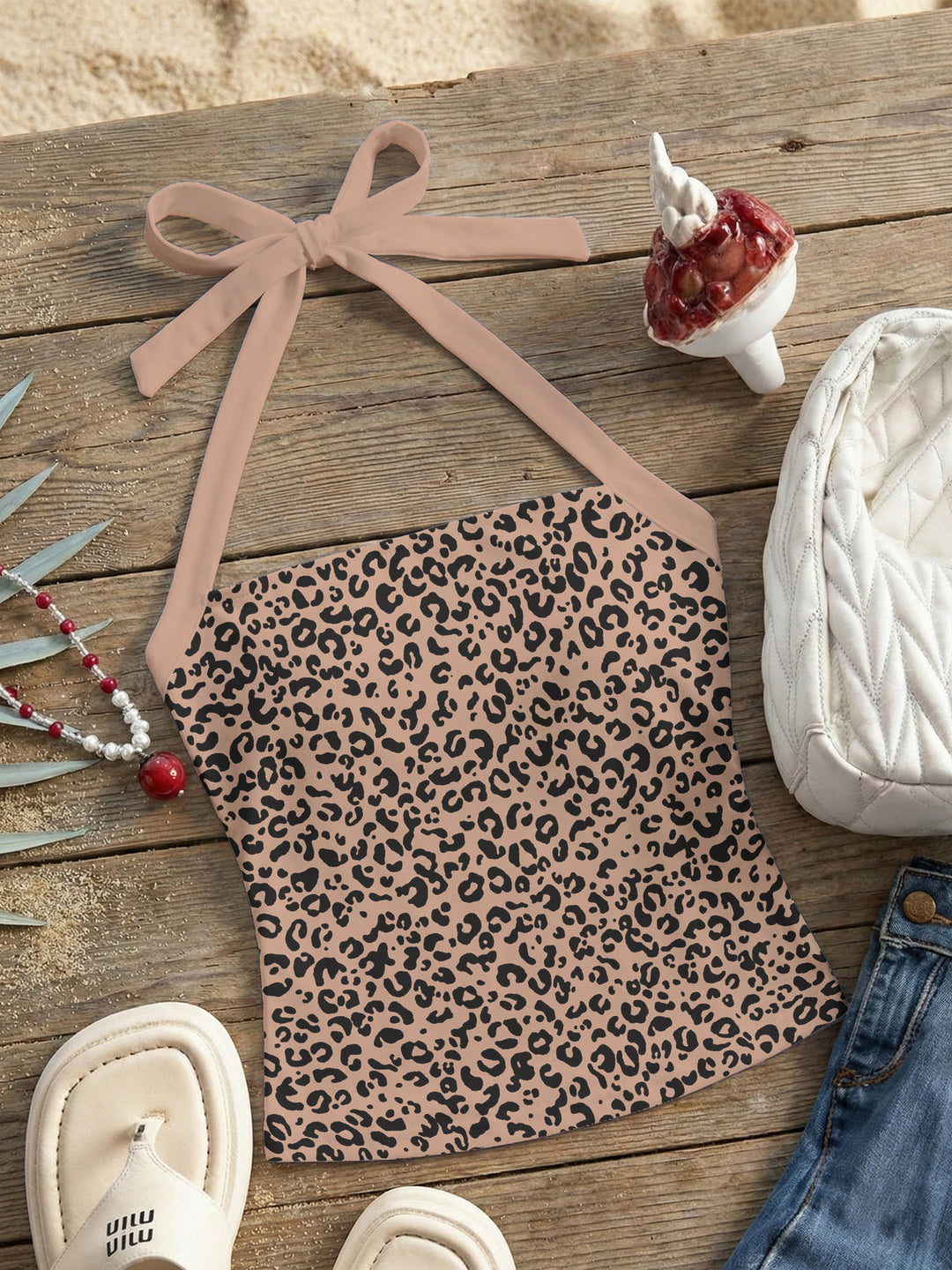 Damen Neckholder Top mit verspieltem Leopardenmuster Drune
