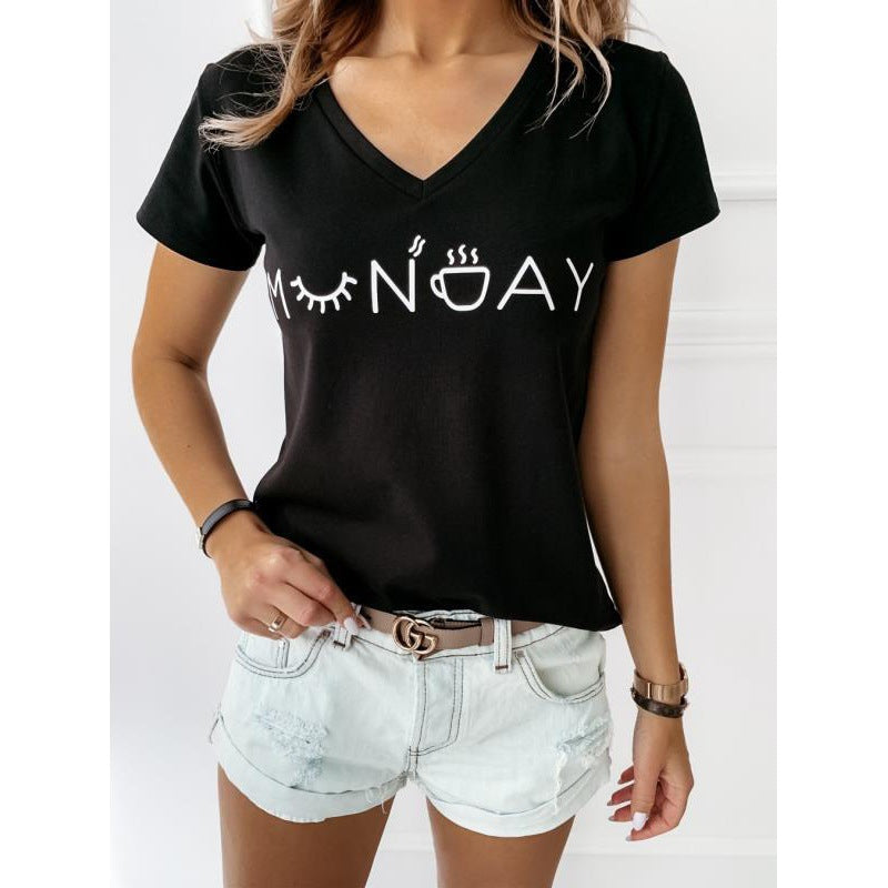 Damen T-Shirt mit kreativem Schriftzug und lässigem V-Ausschnitt Drune