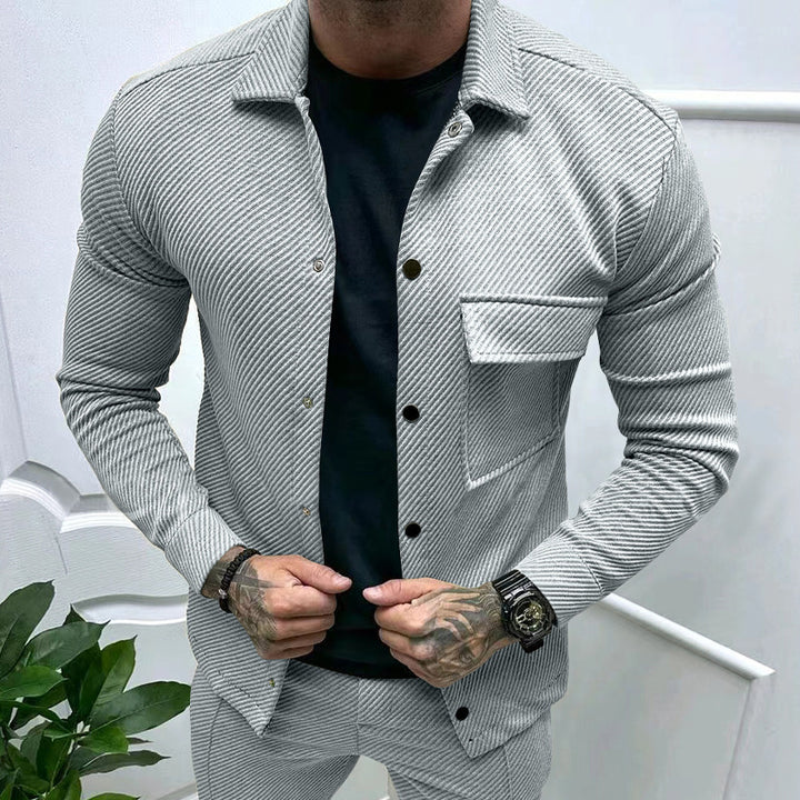 Herren nan schlanke Rippenstruktur-Überhemdjacke mit Druckknopfverschluss und Brustklappe Drune