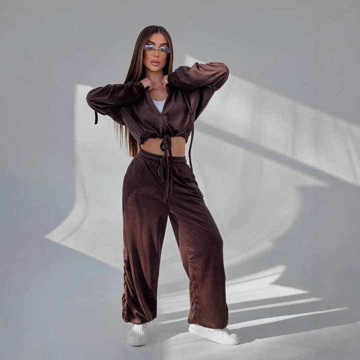 Damen Komfortables Lounge-Set mit lässigem Crop-Hoodie und weitem Hosen Drune