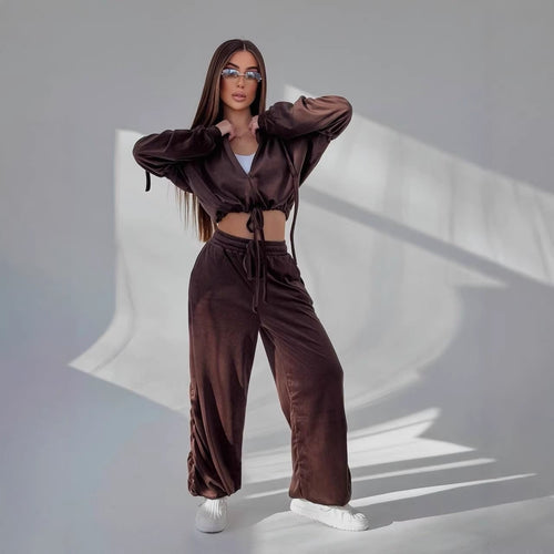 Damen Komfortables Lounge-Set mit lässigem Crop-Hoodie und weitem Hosen Drune