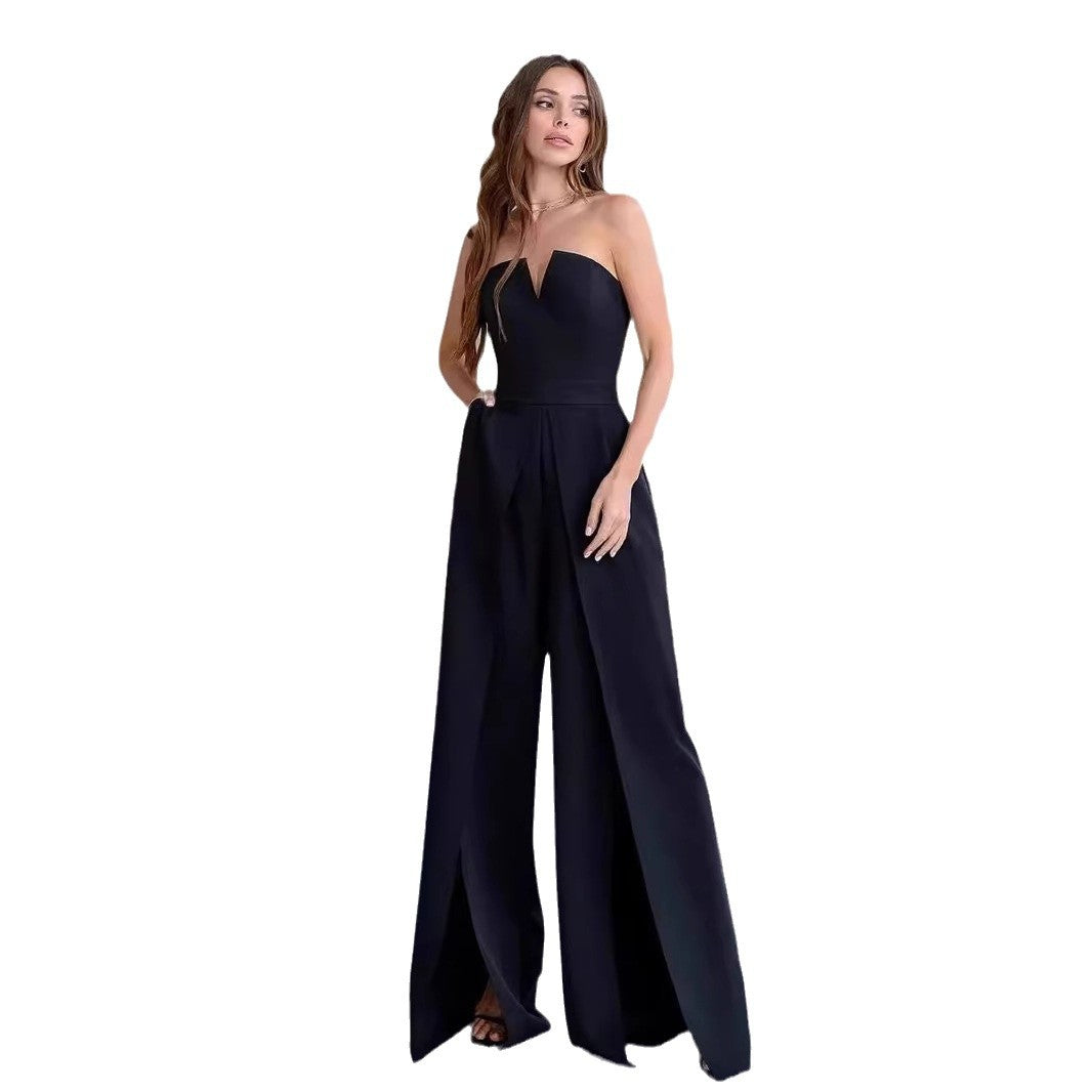 Damen Eleganter Jumpsuit mit tiefem V-Ausschnitt und schwingenden Beinnähten Drune