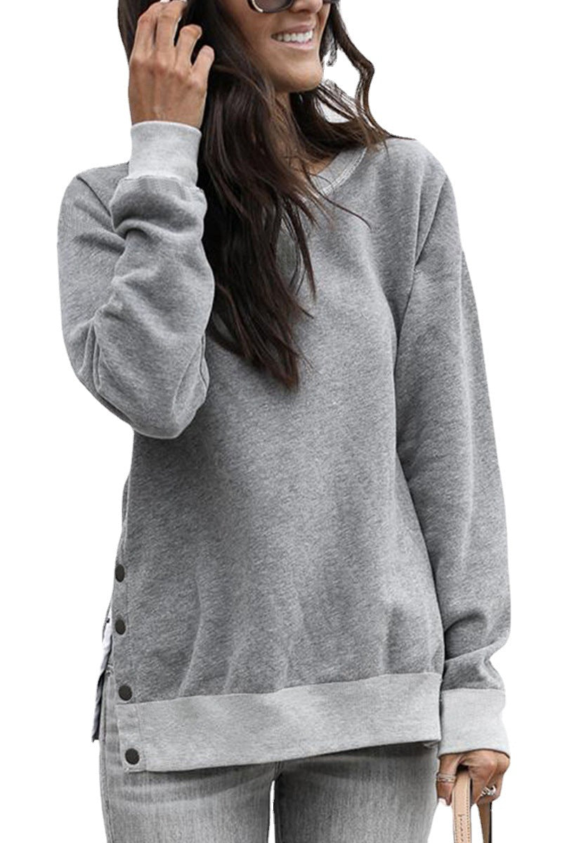 Damen Bequemer Sweatshirt mit Knopfdetails und seitlichen Schlitzen Drune