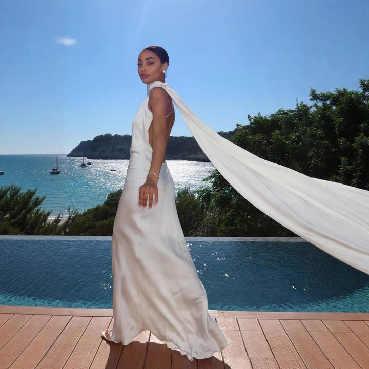 Damen Elegantes Abendkleid mit fließendem Design und schulterfreier Kapuze Drune