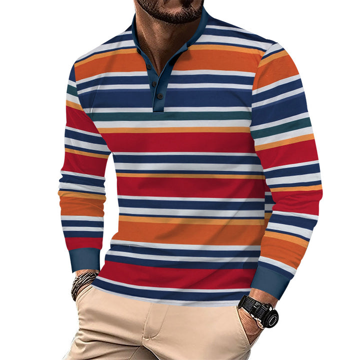Herren nan gestreiftes Henley-Langarmshirt mit Stehkragen und feiner Baumwollmischung Drune