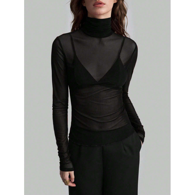 Damen Elegantes langärmliges transparentes Oberteil mit hohem Kragen Drune