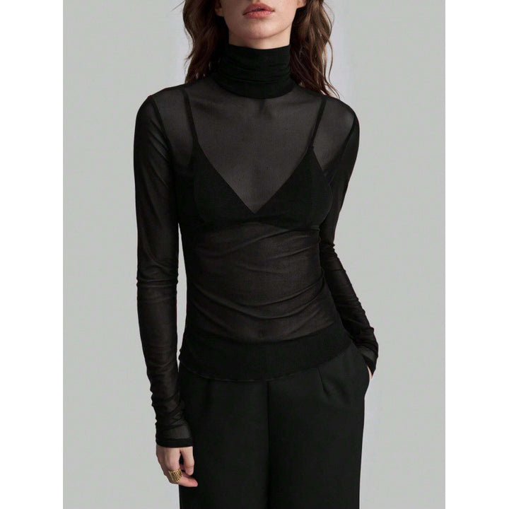 Damen Elegantes langärmliges transparentes Oberteil mit hohem Kragen Drune