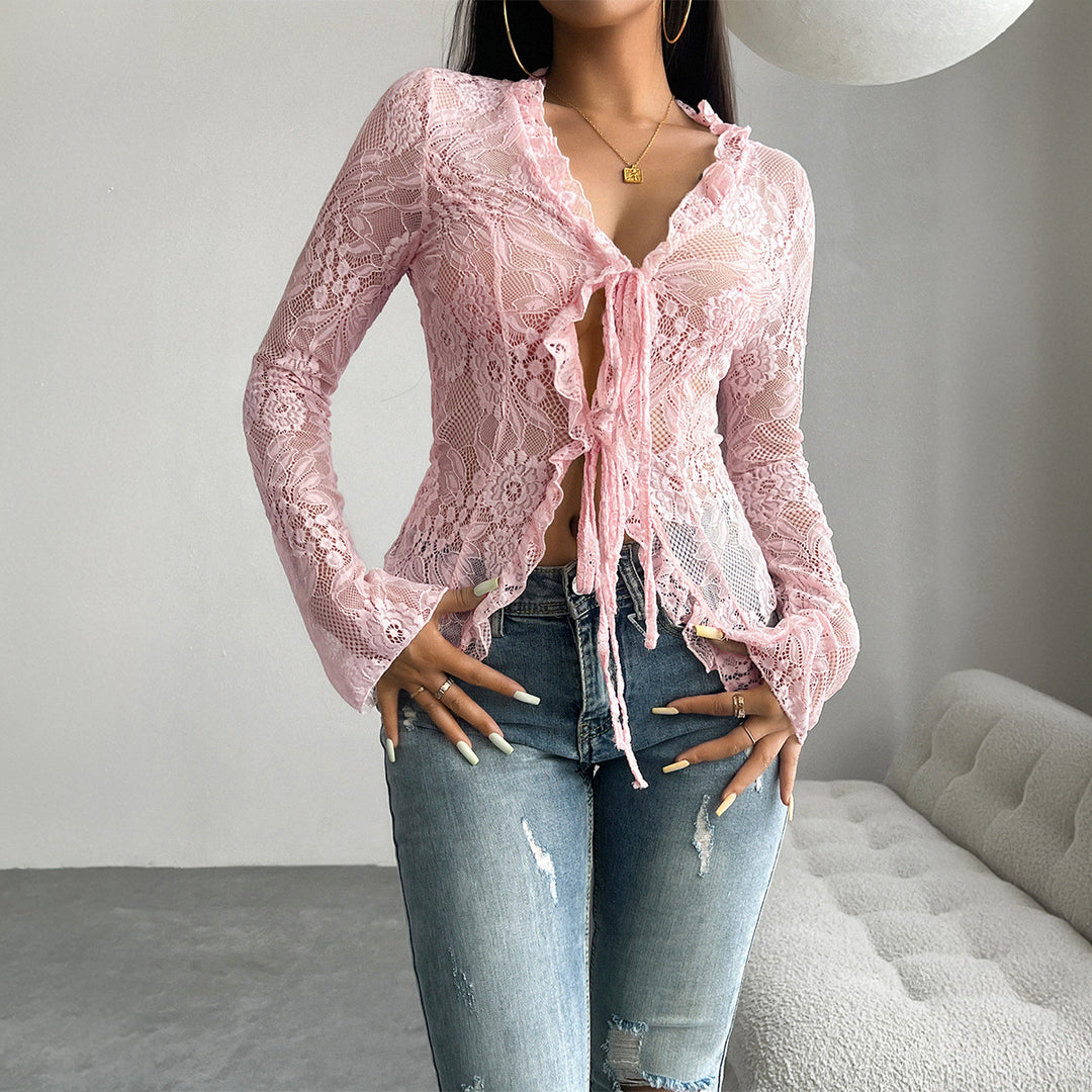 Damen Spitzenbluse mit Rüsche Drune