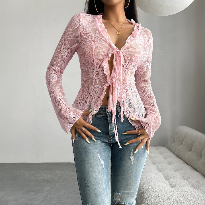 Damen Spitzenbluse mit Rüsche Drune