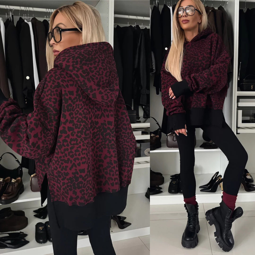 Damen nan oversized Kapuzenpullover mit Leopardenprint, kontrastbündchen und verlängertem Rückensaum Drune