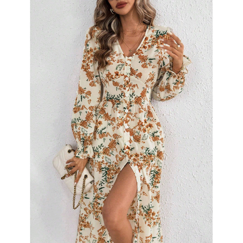 Damen Maxi-Kleid mit floralen Mustern und langem Arm Drune