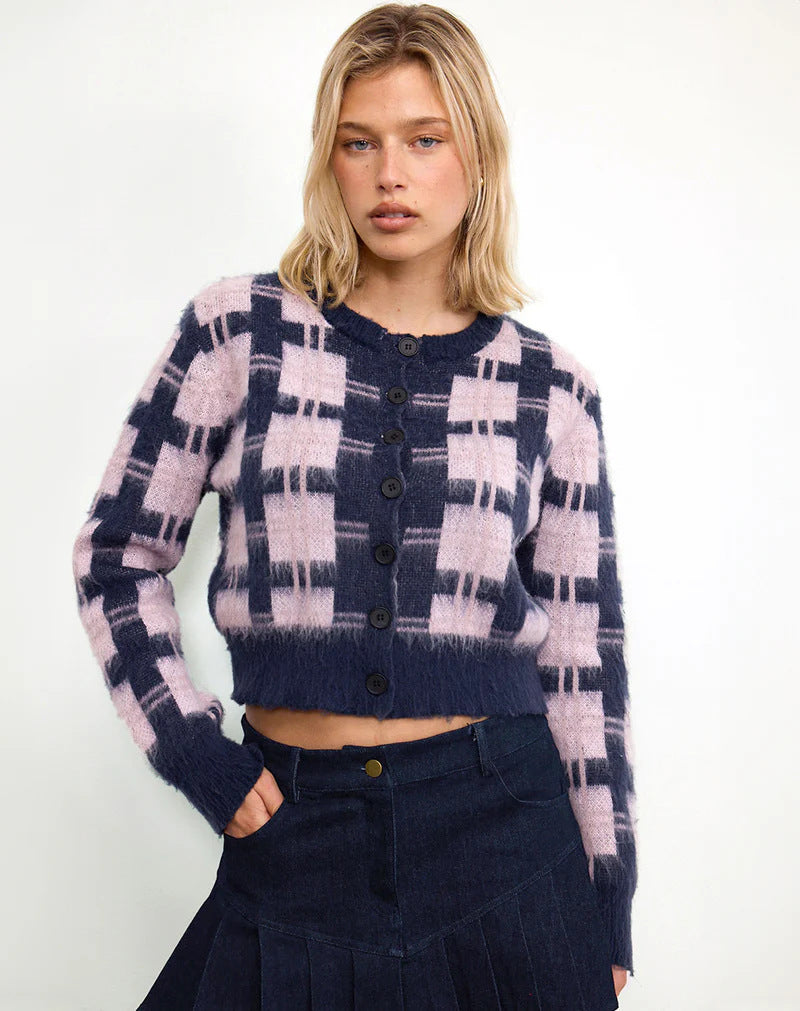Damen cropped Strickjacke mit modernem Karomuster und knöpfbarem Design Drune