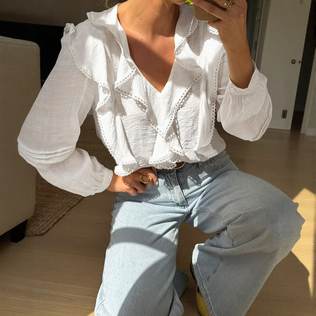 Damen Bluse mit Rüschendetails und elegantem V-Ausschnitt Drune