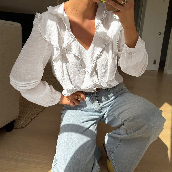 Damen Bluse mit Rüschendetails und elegantem V-Ausschnitt Drune