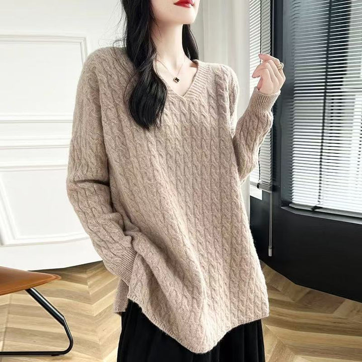 Damen Grobstrickpullover mit V-Ausschnitt und lässigem Schnitt Drune