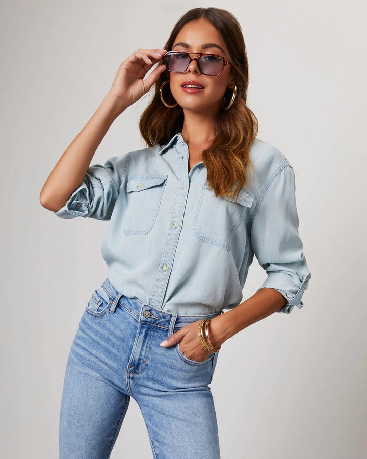 Damen Denim-Hemd mit umschlagbaren Ärmeln und zwei Brusttaschen Drune