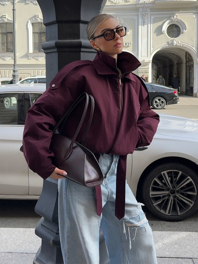 Damen oversized Übergangsjacke mit hohem Kragen und Bindegürtel Drune