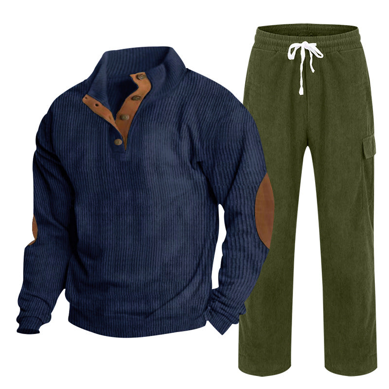 Herren nan strukturiertes Cord-Henley-Loungewear-Set mit Ellenbogenpatches und Cargo-Jogpant Drune