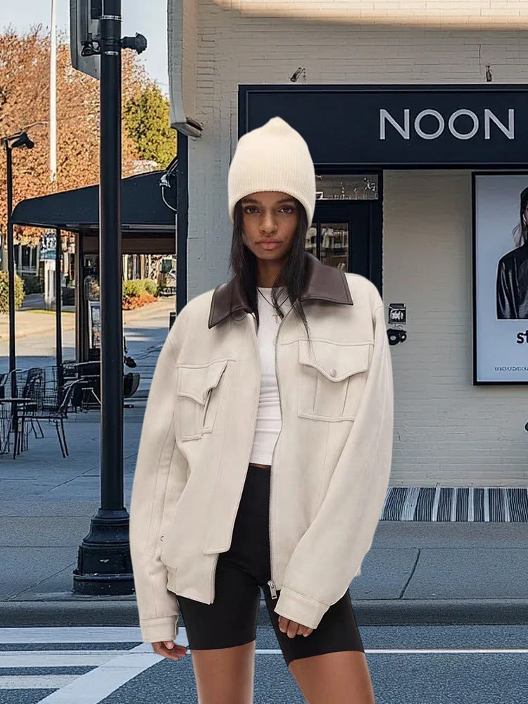 Damen Trendige Suede Jacke mit abnehmbarem Pelzkragen Drune