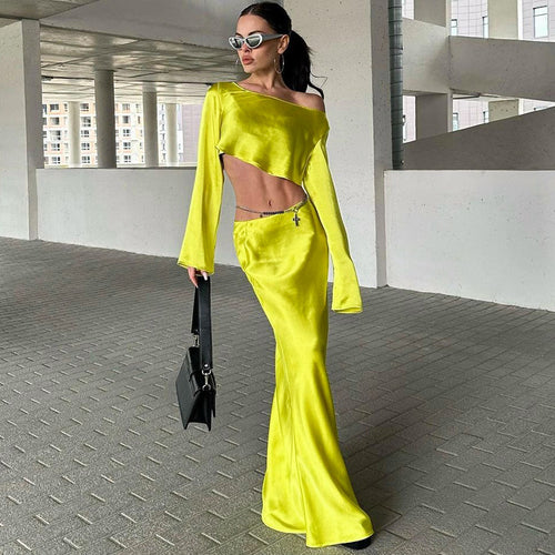 Damen Asymmetrisches Crop-Top mit langem Arm und fließendem Rock Drune