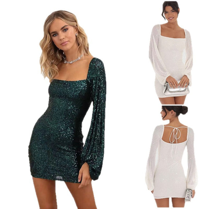 Damen Glamouröses Minikleid mit eleganten Puffärmeln und schimmernden Pailletten Drune