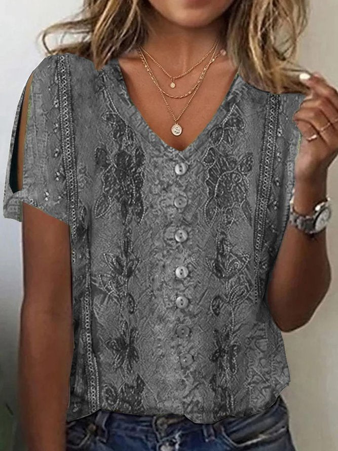 Damen V-Ausschnitt Bluse mit floralen Details und Knopfverschluss Drune