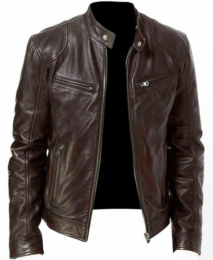 Herren nan vintage-inspirierte Lederjacke im Bikerstil mit Stehkragen und sichtbaren Reißverschlüssen Drune