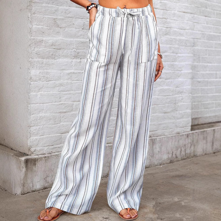 Damen Weit geschnittene Leinenhose mit elastischem Bund und seitlichen Taschen Drune