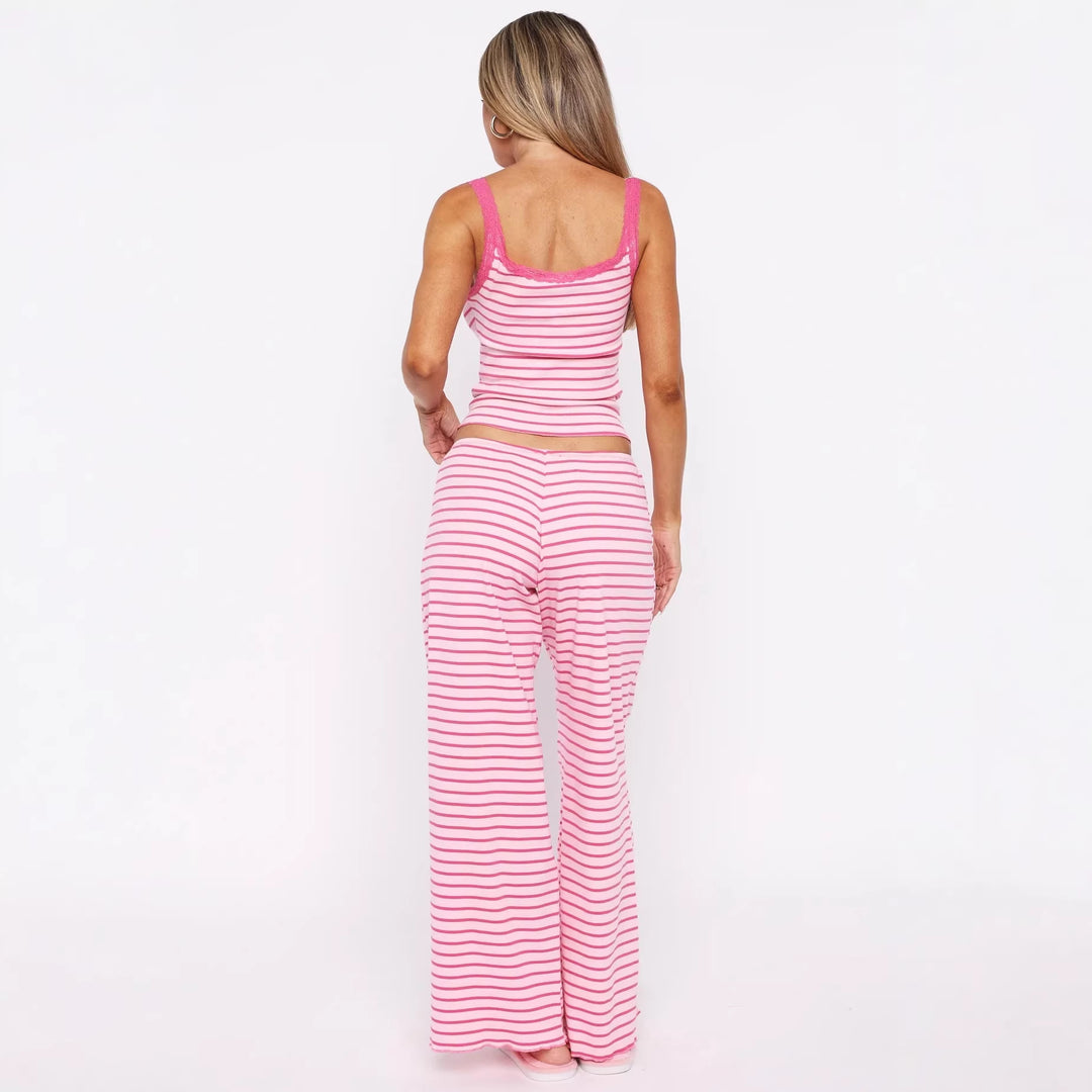 Damen Pyjama-Set mit dekorativen Knopfdetails und Streifenmuster Drune