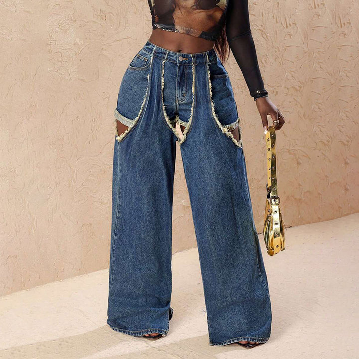 Damen Distressed Wide-Leg-Jeans mit Cut-Out-Details Drune