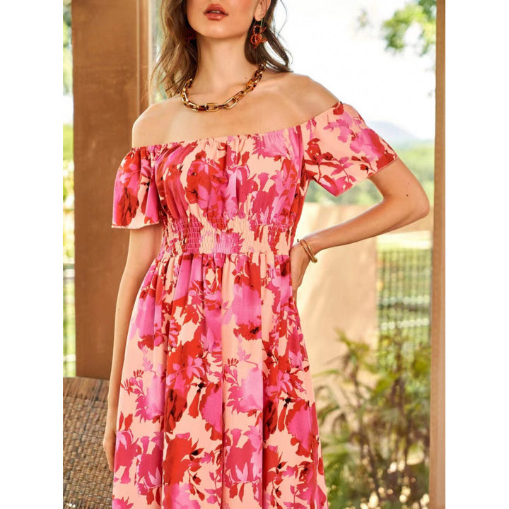Damen Off-Shoulder Midikleid im floralen Design mit elastischem Oberteil und voluminösem Rock Drune