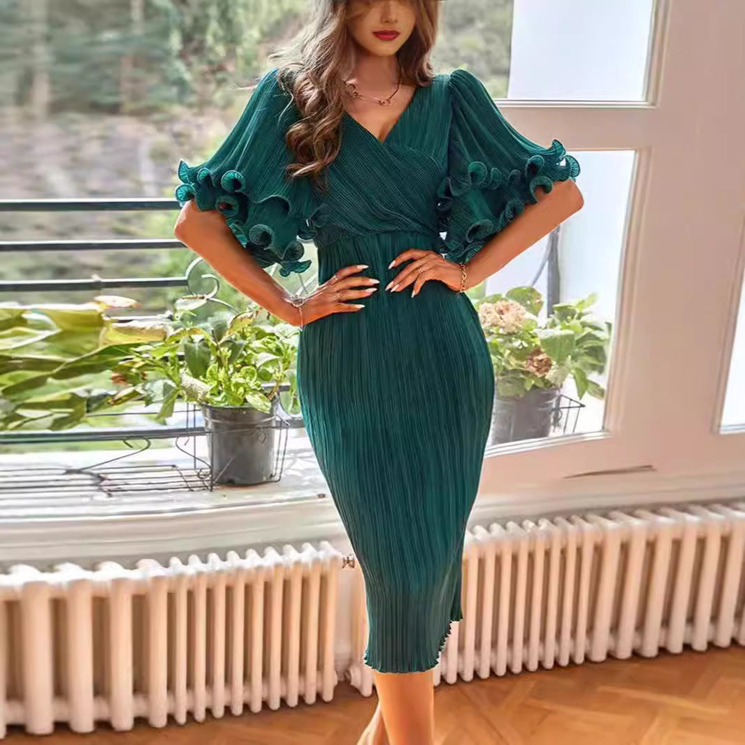 Damen Plissiertes Midi-Kleid mit voluminösen Ärmeln Drune
