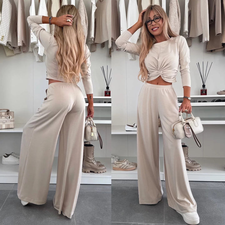 Damen elegantes Freizeit-Set mit Crop-Oberteil und weitgeschnittenen Hosen Drune