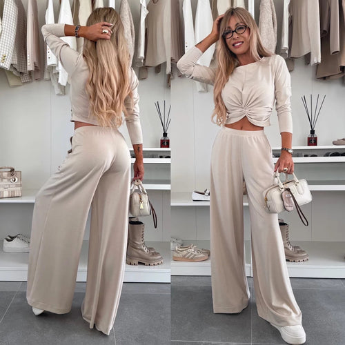 Damen elegantes Freizeit-Set mit Crop-Oberteil und weitgeschnittenen Hosen Drune